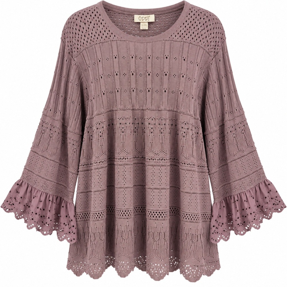 NEW ODDI Mauve Pointelle Knit Ruffle Eyelet Sleeve Top XL/2XL Fairy Sweater